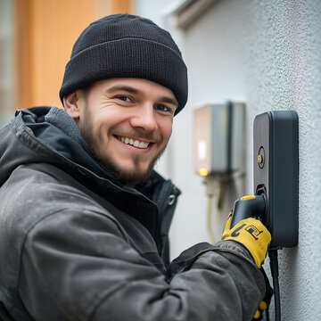 A man in a black hat and a black jacket is smiling as he plugs a device into a wall outlet