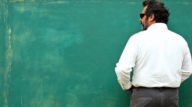 A contemplative man, dressed in a crisp white shirt, stands before a vibrant green backdrop, his sunglasses reflecting the sun as he gazes into the future. His back is turned, copy space for text - Powered by Adobe