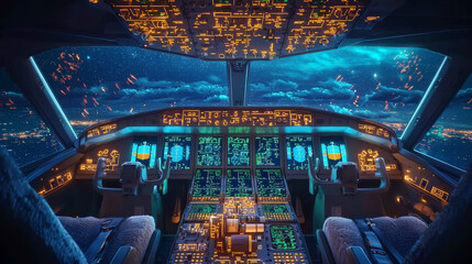 Fototapeta premium “Aviation Innovation: Cockpit Glow at Midnight”