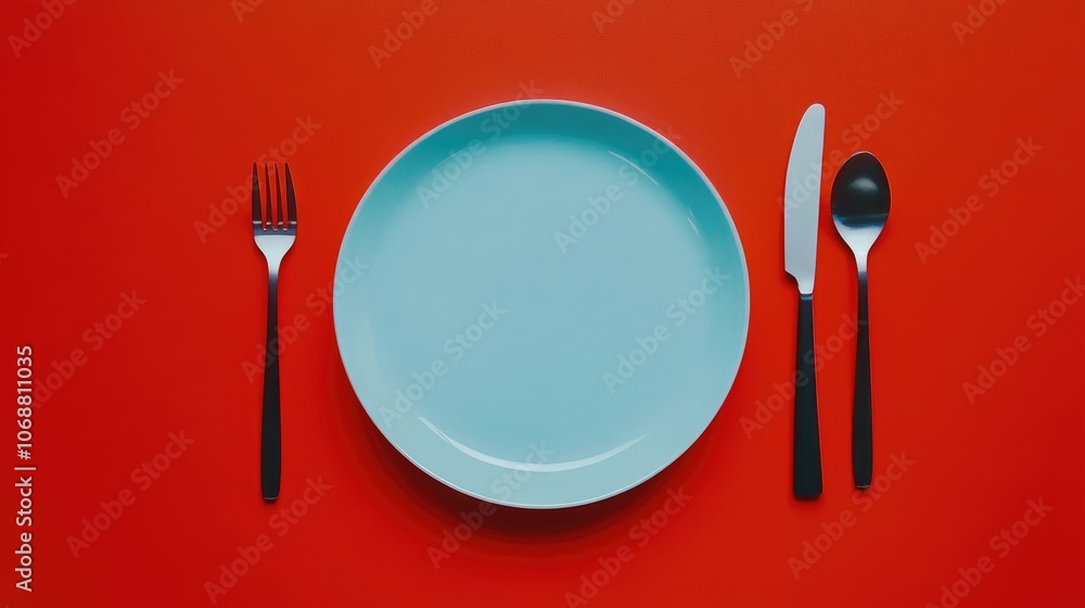 Poster blue plate accompanied by knife and spoon on a vibrant red backdrop minimalistic table setting with 
