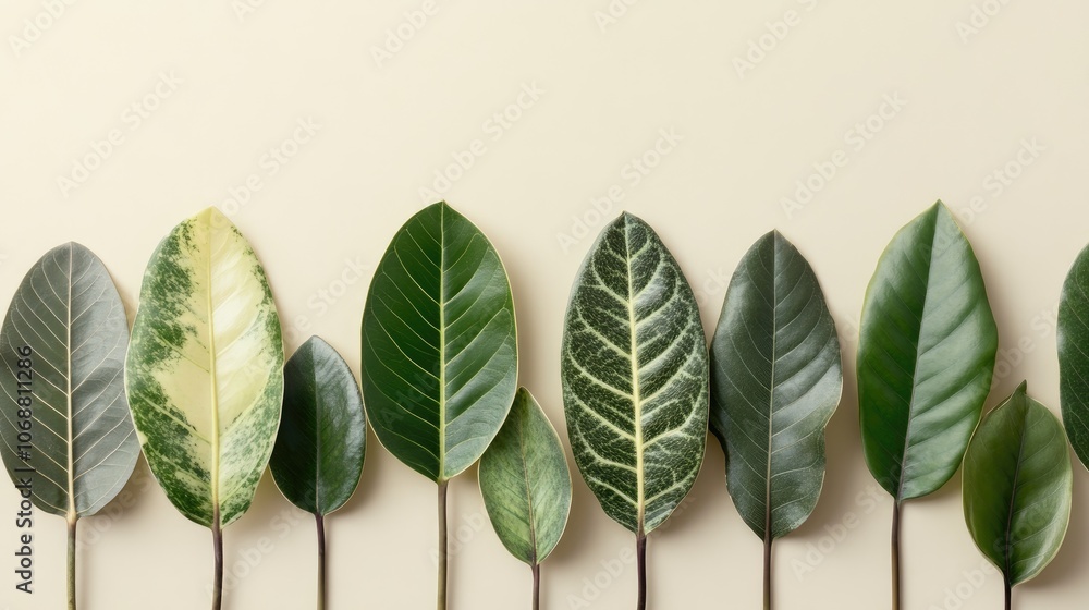 Poster beautiful leaves of various ficus elastica plants displayed in a mockup with an isolated background