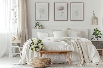 Interior of bright bedroom with flowers on wooden stool and pouf in white with posters above bed
