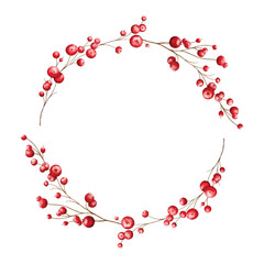 Obraz premium Christmas watercolor with red berries wreath