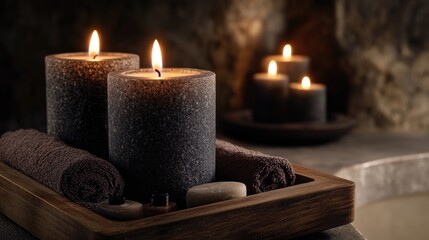 Candle and spa elements create a serene atmosphere for relaxation featuring natural aromatherapy on a wooden tray emphasizing skincare and wellness in a tranquil setting