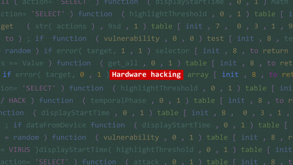 Cyber attack hardware hacking text in foreground screen of code editor developer studio point of vue. Vulnerability text in binary system ascii. Text in English.