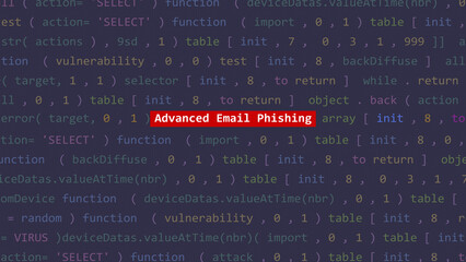 Cyber attack advanced email phishing text in foreground screen of code editor developer studio point of vue. Vulnerability text in binary system ascii. Text in English, English text