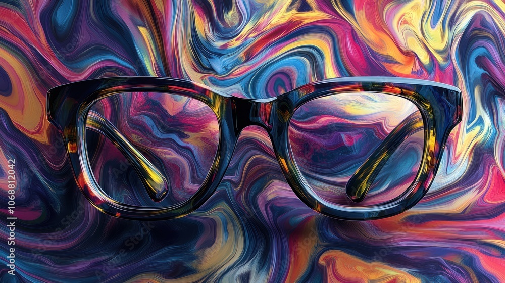 Poster a pair of tortoiseshell eyeglasses lie on a colorful abstract background.