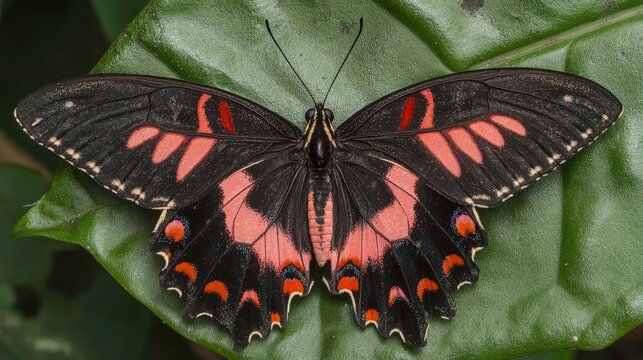 Butterfly resting on a green leaf featuring Parides eurimedes and Mylotes cattleheart species
