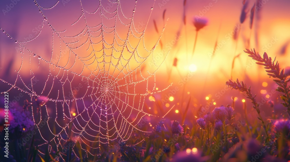 Wall mural dewdrops glistening on an intricate spider web at dawn capturing the beauty of nature s delicate des