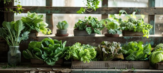 Fresh green vegetables arranged in a rustic display with warm lighting