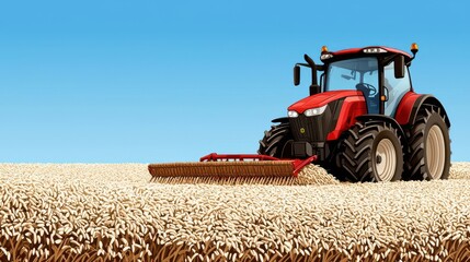 Obraz premium Tractor harvesting wheat in a golden field under a clear blue sky, white isolate background.