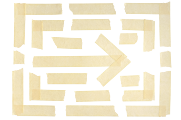 Duct tape and adhesive paper are arranged to form corners and arrow. Strips and pieces of wrinkled masking tape isolated on a transparent background.