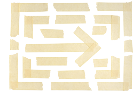 Duct tape and adhesive paper are arranged to form corners and arrow. Strips and pieces of wrinkled masking tape isolated on a transparent background.