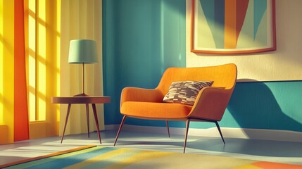 Bright living room interior featuring a mid century modern accent chair and decorative throw pillow alongside a sleek coffee table showcasing contemporary design elegance