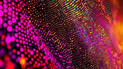 Colorful abstract digital pattern with vibrant dots glowing in shades of pink and orange