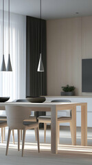 Sophisticated Minimalist Dining Room with Light Wood Furniture, Soft Gray Accents, and a Focus on Clean, Functional Design