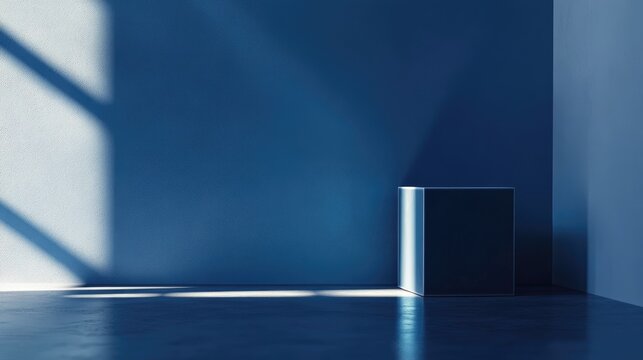Extreme close up of a clean wall adorned with large gobos and a dark blue cube positioned at the bottom showcasing deep blue shadows product photography modern design
