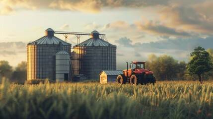 Obraz premium Grain Silos and a tractor