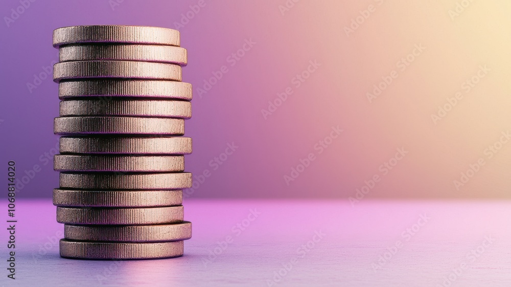 Poster a close-up of stacked coins on a smooth surface, illuminated by a soft gradient background, symboliz