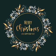 Winter leaves and berries gold wreath. Merry Christmas vector illustration isolated on green background