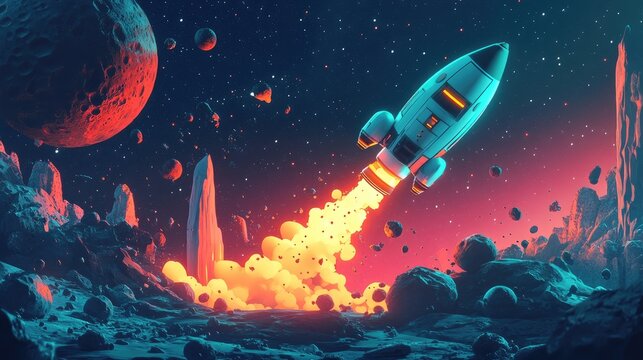 Asteroid mining concept featuring a futuristic rocket navigating through space amid glowing stars and a distant moon