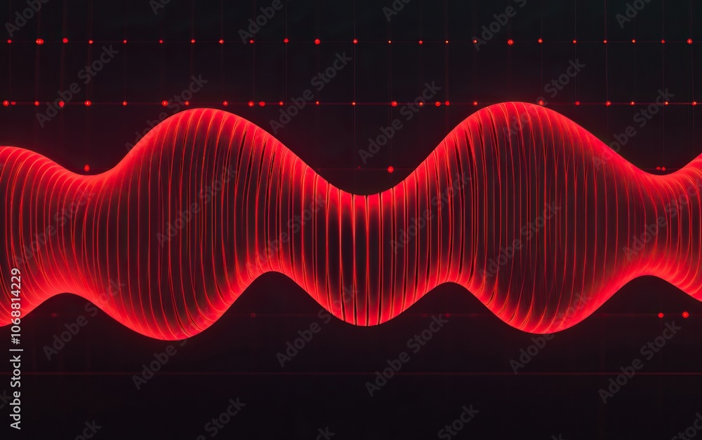 Poster a striking red waveform illustration, showcasing an intricate pattern and dynamic flow against a dar