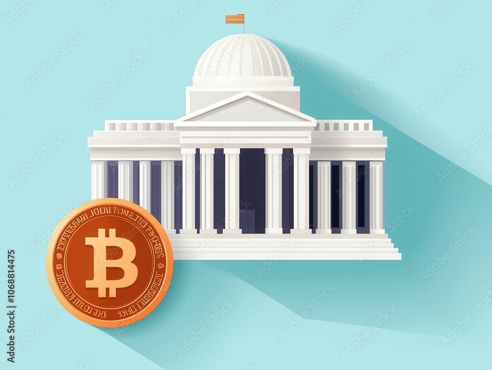 Poster a stylized image depicting a governmental building alongside a bitcoin, symbolizing the intersection