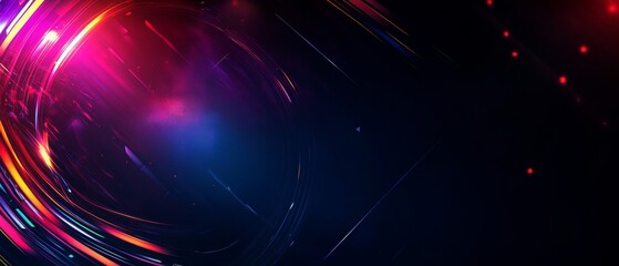 Fototapeta premium Abstract background with swirling neon lights in red, blue, orange, green and pink against a dark blue background.