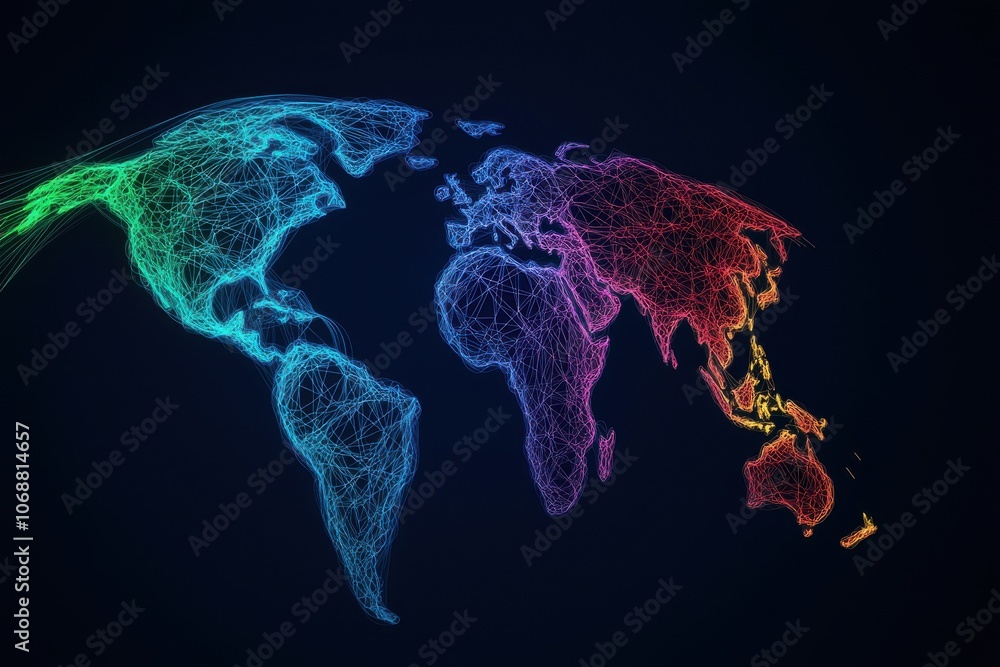 Poster a vibrant, digital representation of a world map composed of colorful dots against a dark background
