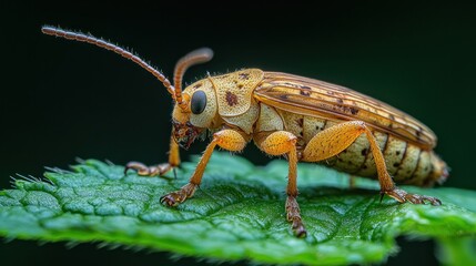 A close-up of a yellow and brown beetle perched on a green leaf.
