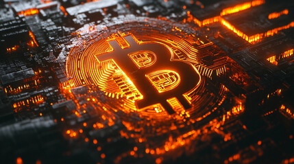 The glowing Bitcoin symbol emphasizes the rise of digital currencies.