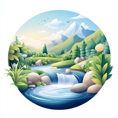 Naklejka premium Serene 2D Cartoon Illustration of Flowing River