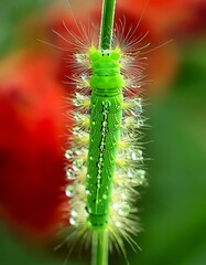 Naklejka premium closeup Green caterpillar on leaf with morning dew, detailed texture of tiny hairs wallpaper beauty in nature