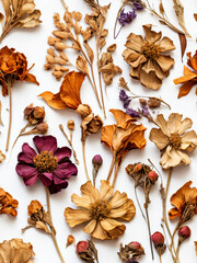 Fototapeta premium A collection of dried everlasting flowers on a white background.