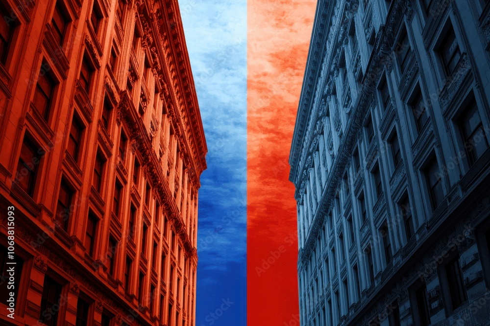 Poster a vibrant urban scene featuring two contrasting buildings illuminated in red and blue against a clou