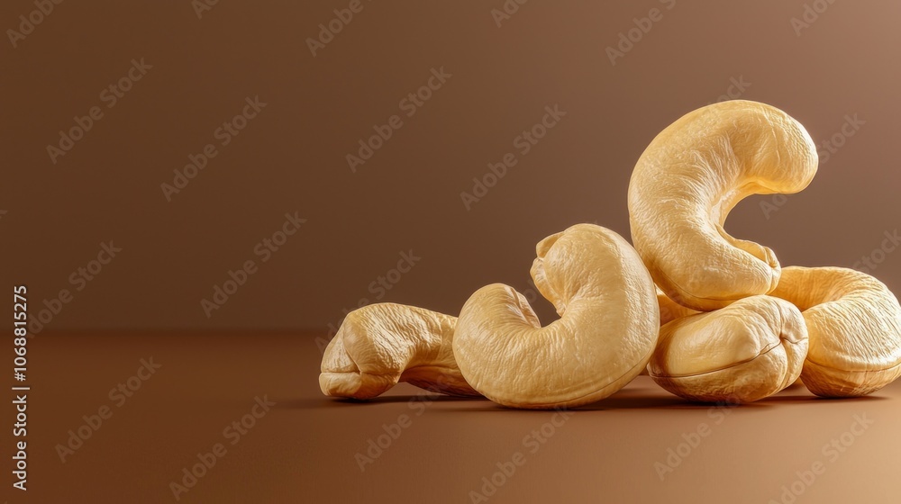 Poster cashew nuts are arranged rich brown background highlighted low key contour lighting emphasizing thei