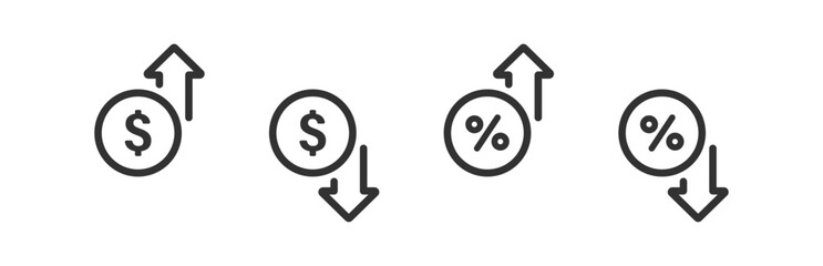 Money increase icon. Investment growth. Finance arrow up. Profit decrease. Dollar price.