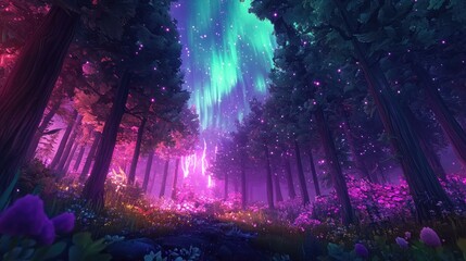 Vibrant temperate forest illuminated by northern lights amidst a dramatic lightning storm nature s spectacle