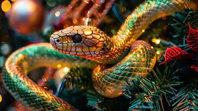 Python Entwined in Festive Christmas Tree Decorations with Warm Glowing Lights