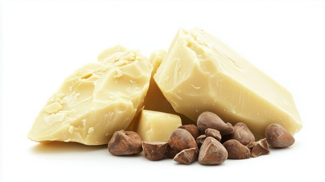 Raw cocoa butter and cocoa beans on a white background showcasing natural chocolate ingredients