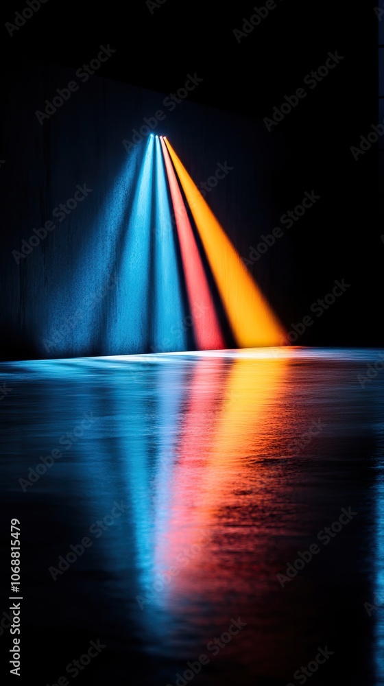 Poster a vibrant display of colorful lights reflecting on a surface, creating a striking visual contrast be