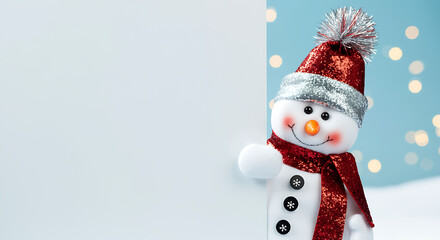 A cheerful snowman in a sparkling red hat and scarf peeks from behind a blank canvas, with festive bokeh lights in the soft blue background. generative ai