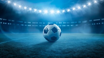 Stunning blue themed graphic of a simple stadium with upward lights and a central white soccer ball