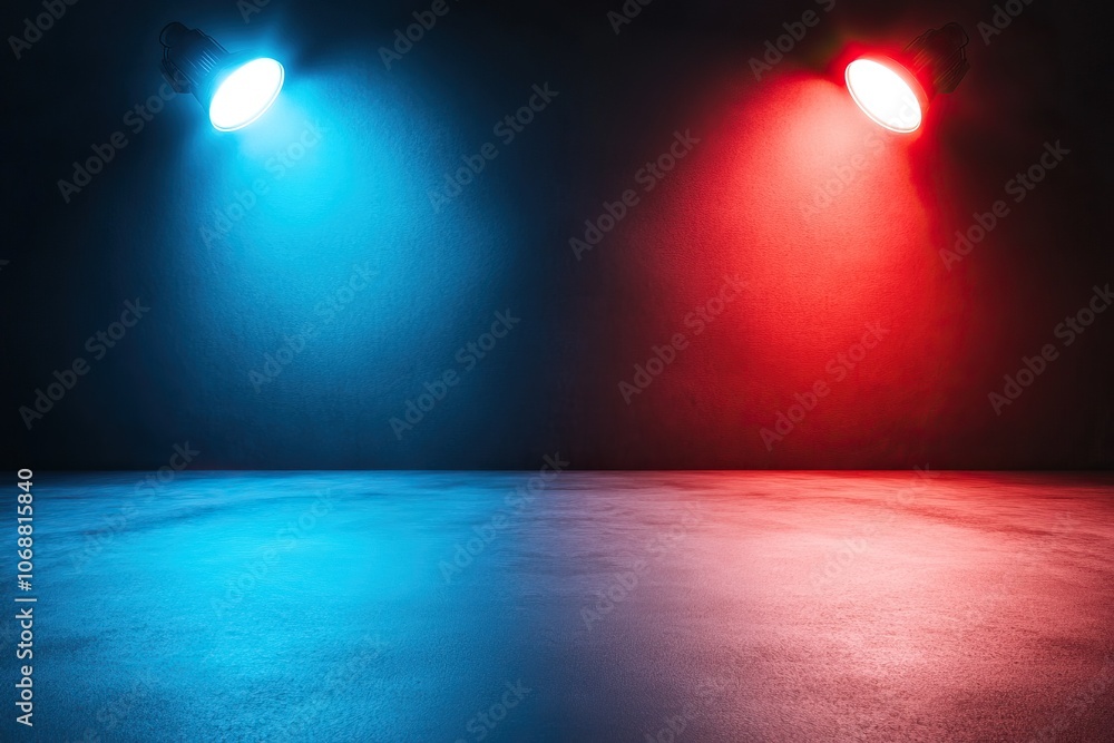 Poster the image features a dark space illuminated by contrasting blue and red spotlights, creating a drama
