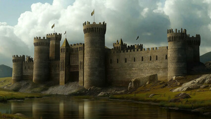 Fototapeta premium A grand castle overlooks a calm river surrounded by green hills and clouds