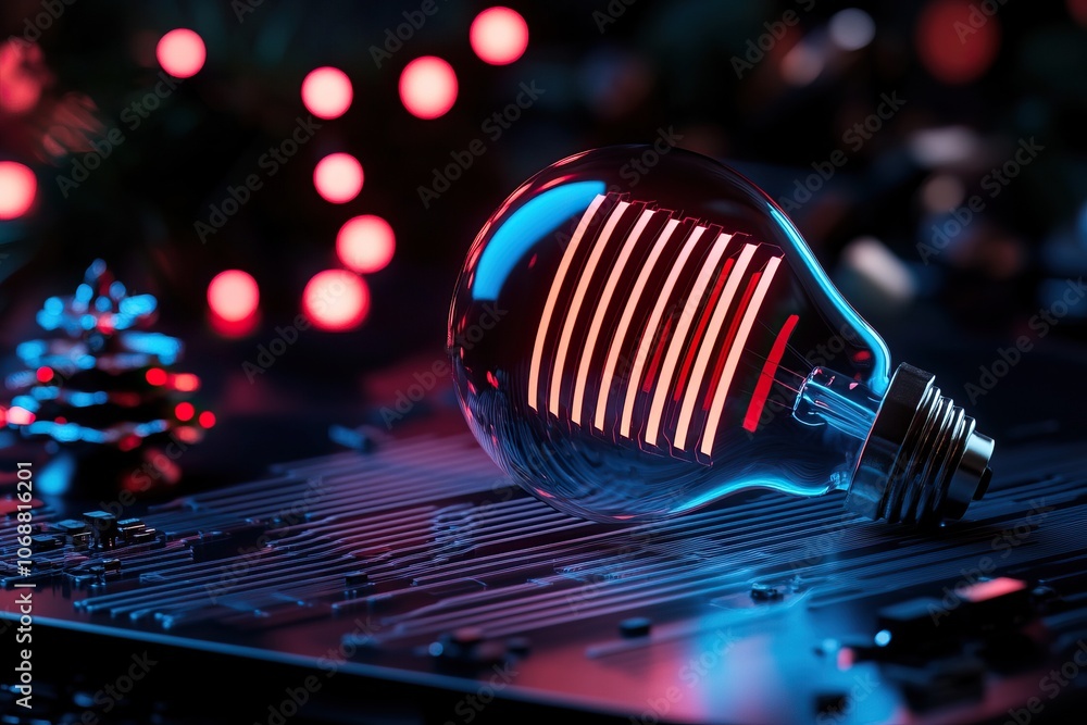 Poster a close-up of a glowing light bulb on a circuit board, surrounded by soft lights, capturing a blend 