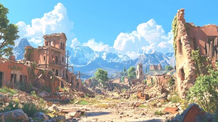 Desolate view of an abandoned village in ruins after a devastating earthquake showcasing nature s power and human vulnerability