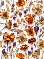 A collection of dried everlasting flowers on a white background.