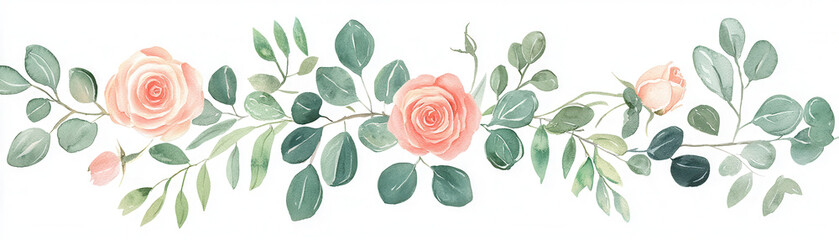 Fototapeta premium A delicate watercolor illustration featuring soft pink roses and green leaves, perfect for floral designs and nature-inspired themes.