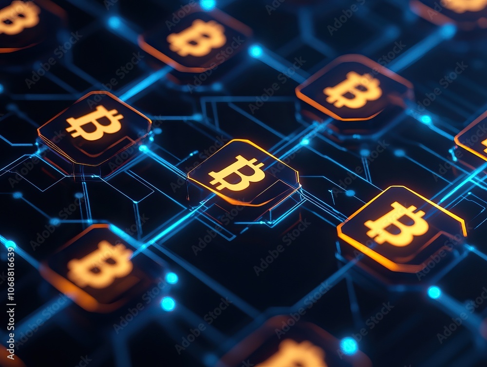 Poster a digital background featuring glowing bitcoin symbols interconnected on a network, illustrating the